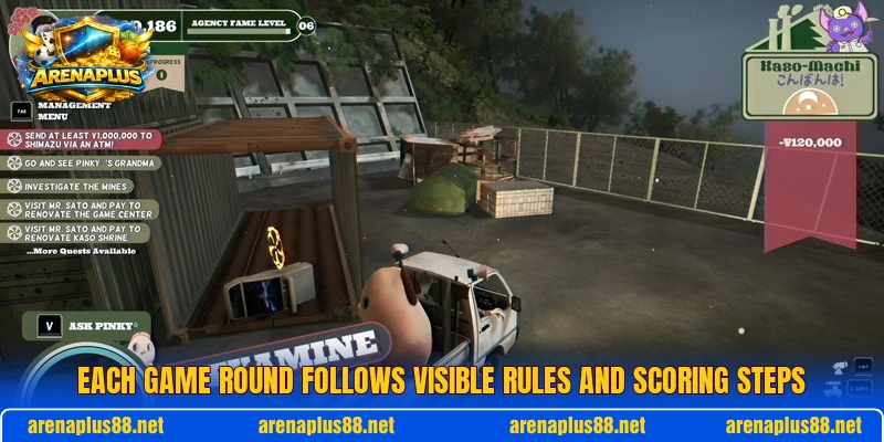 Each game round follows visible rules and scoring steps
